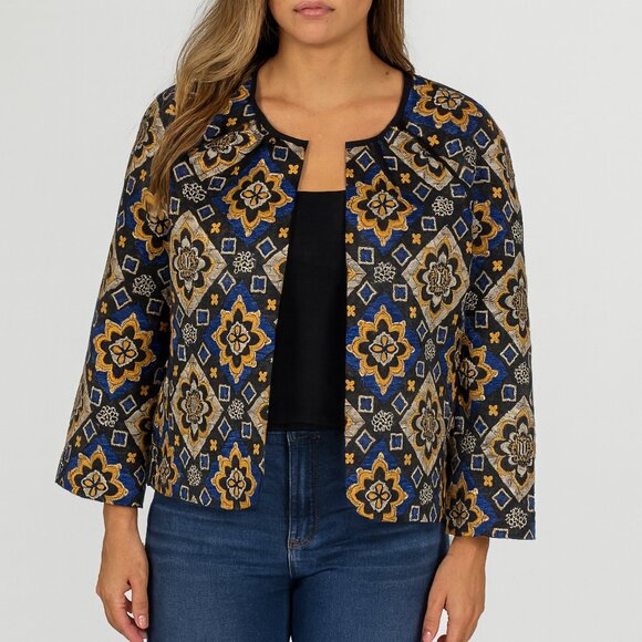 LOFT Jacket Kimono Sleeve Metallic Blue Gold Black Size Large Statement - Picture 1 of 8